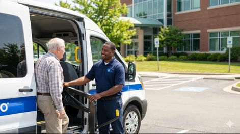 A Community Solutions driver helping a passenger step aboard a van